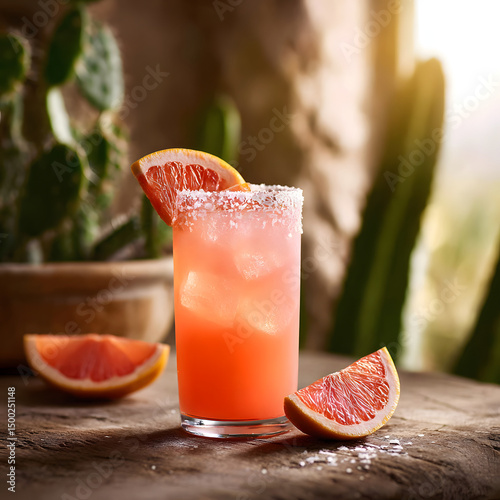 A refreshing Paloma cocktail, evoking summer joy and warmth, served with citrus slices and a sprinkle of salt.