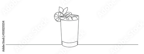 Glass of cocktail in continuous one line drawing. Mojito and beverage bar in simple linear style. Alcohol drink menu in editable stroke. Doodle contour vector illustration