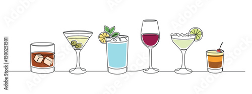 Glass of cocktails in continuous one line drawing. Margarita toast and martini cup in simple linear style. Alcohol drink menu in editable stroke. Doodle color vector illustration