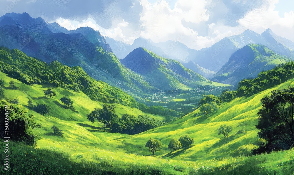 Naklejka premium Lush green mountains and rolling hills create a serene landscape. AI generated illustration.