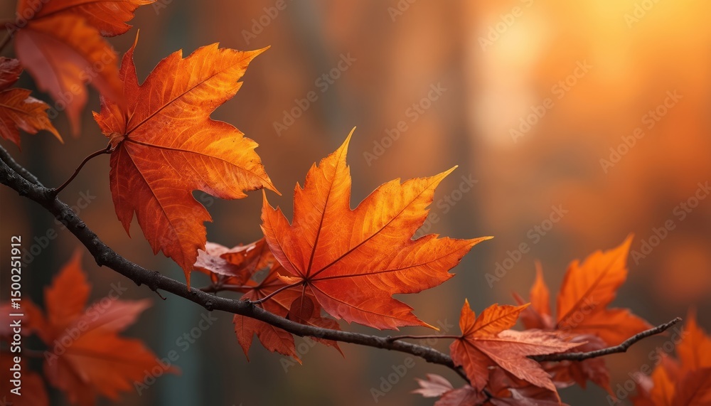 Fototapeta premium Close-up of autumn leaves on branch. Warm orange colors, blurred background. Seasonal nature art, perfect for fall designs, prints, websites. Decorative nature scene.