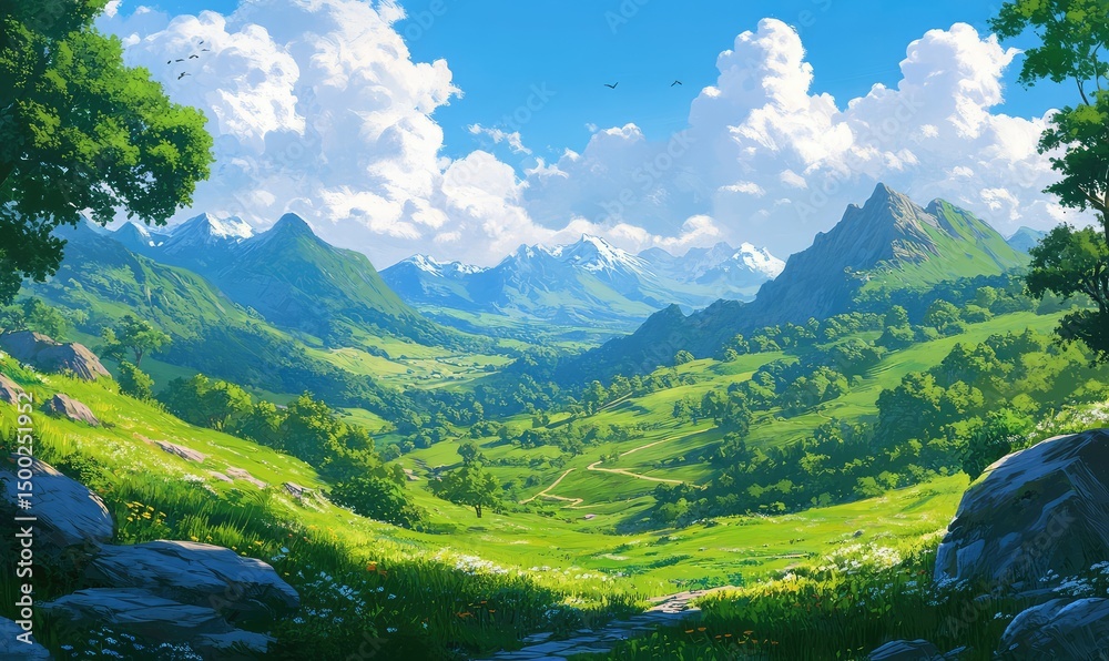 Naklejka premium Lush green mountains and rolling hills create a serene landscape. AI generated illustration.