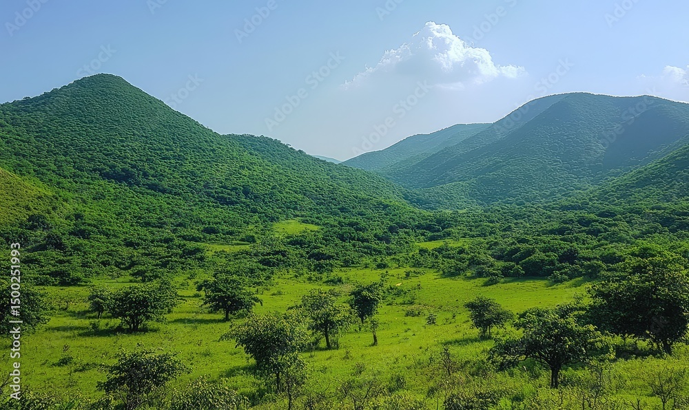 Obraz premium Lush green mountains and rolling hills create a serene landscape. AI generated illustration.