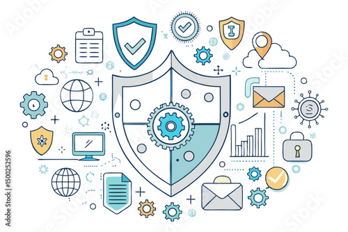 An intricate outline illustration centered around a shield with a gear, surrounded by various cybersecurity and data protection icons.