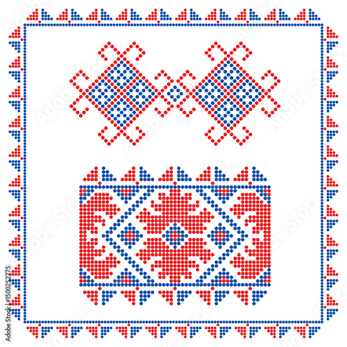 Traditional red and blue embroidery ornaments repeated elements, historic design from Mykolaiv region, Ukraine