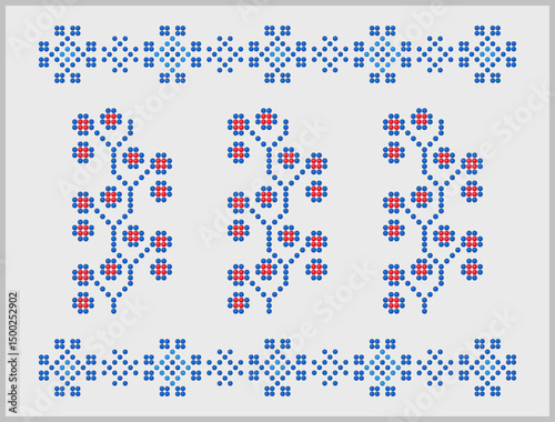 Ukrainian botany ornament pattern set in red blue colors from Mykolaiv region vyshyvanka clothes, beaded design