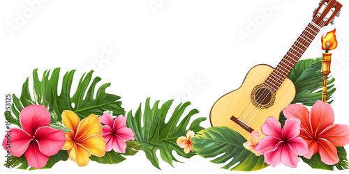 Vibrant tropical floral border with ukulele and tiki torch on transparent background Exotic hibiscus flowers and monstera leaves for summer luau party decoration