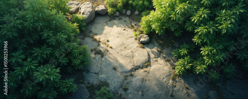 Aerial view of dense green foliage and rocky ground. Illustration depicts natural scene with rich plant life, moss, rocks. Top down view for eco, environment, nature projects.