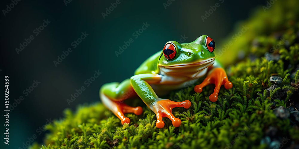 Fototapeta premium a colorful frog perched on a lush, green moss-covered surface