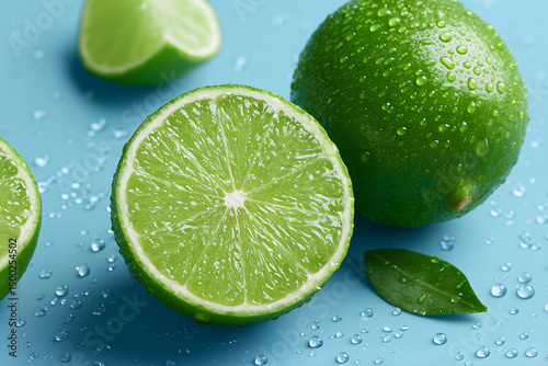 Fresh and juicy limes with water droplets on blue background. The vibrant green color and close-up perspective enhances the overall appeal of the image