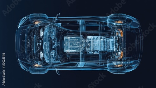 Top-down, transparent view of an EV's chassis and components
