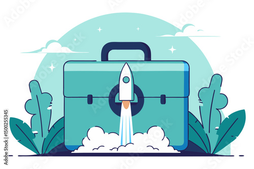 A flat-style illustration of a teal briefcase with a white rocket launching from its center, surrounded by lush green foliage against a light blue sky, symbolizing business growth or a new startup.