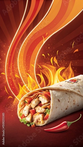 Chicken Wrap with Crispy Tortilla, Lettuce, Tomato, and Chili, Dynamic Orange Flames in the Background