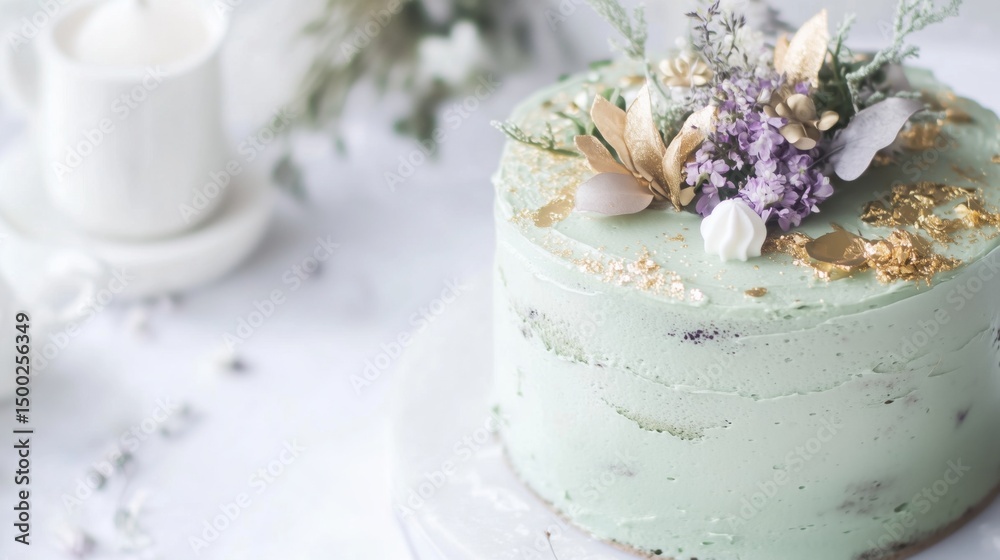 Fototapeta premium Elegant green matcha cake with artistic frosting details