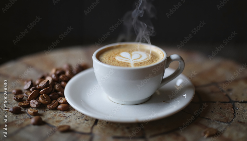 Fototapeta premium Hot cup of latte with heart design on a wooden table 