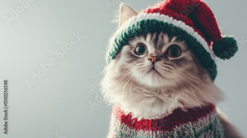 Scottish Fold cat in a red and green Christmas hat