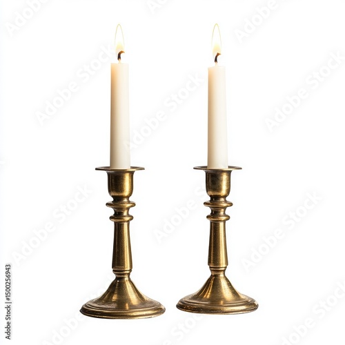 Two brass candle holders, each holding a lit white candle