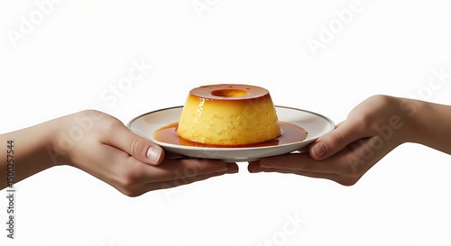 Hands holding a plate with a pudding
