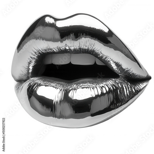 Metallic silver lips open mouth beauty fashion glamour makeup concept art on transparent background