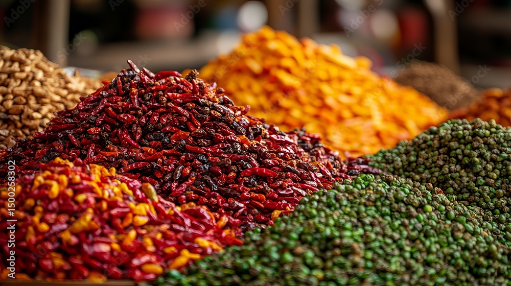 Fototapeta premium Vibrant Dried Chili Peppers Spices Market Colorful Food Texture Background Indian Asian Cuisine Ingredient Red Orange Green Heap 