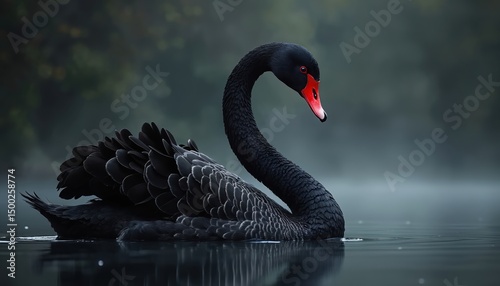 Fototapeta Naklejka Na Ścianę i Meble -  Majestic black swan floats serenely on dark, misty water. Bird elegance, beauty. Wildlife photo. Avian, graceful, stunning, swan swims. Calm environment, nature, animal portrait. Reflective water,