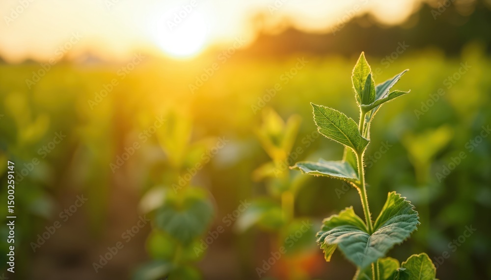 Fototapeta premium Backlit close-up of emerging soybean plants in fertile farmland. Agricultural moment during sunset, farming lifestyle concept. Crop monitoring, sustainability focus. Eco farming concept.