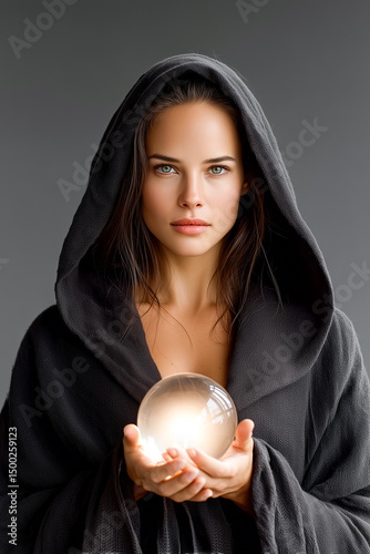Mysterious woman in dark hooded robe holding glowing crystal ball with intense gaze against gray background.