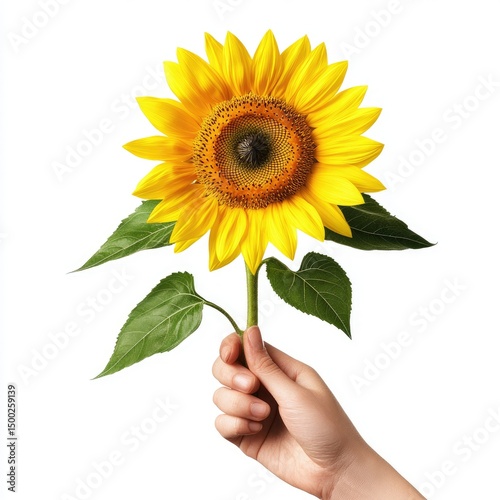 A hand holds a vibrant sunflower against a white background (3)