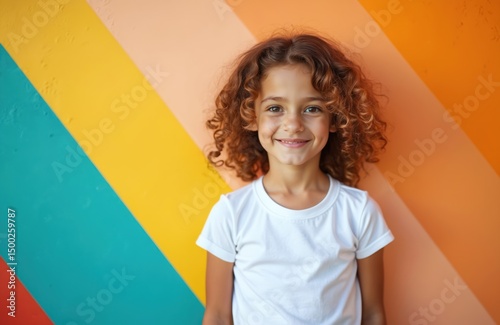 Portrait of smiling little girl with curly red hair, wearing white t-shirt stands against colorful diagonal stripes wall. Childhood, happiness, positive emotions. Modern casual fashion look.