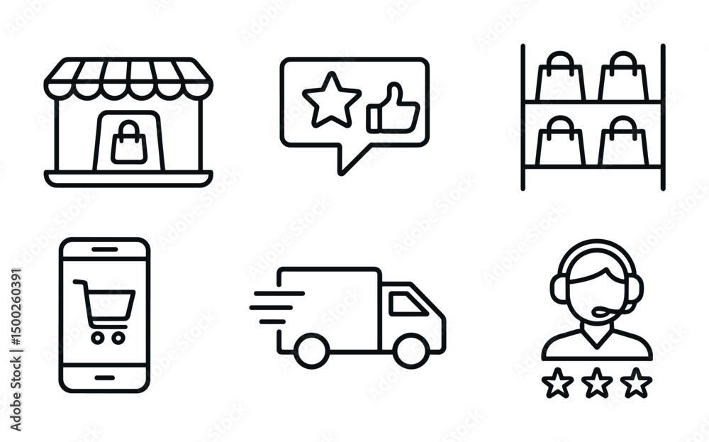 Online shopping outline icons set – linear, ecommerce, retail symbols Online shopping outline icons set – linear, ecommerce, retail symbols