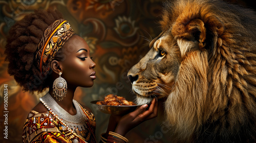 African woman holding a dish, being gazed upon passionately by a regal lion in the wild