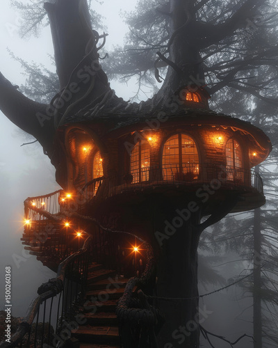 Enigmatic treehouse with gold stars in sunrise landscape, embracing the connection to nature