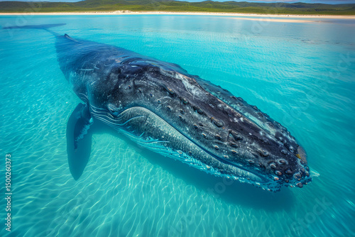 Aerial view of majestic whale swimming in crystal clear ocean waters