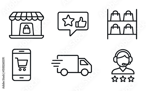 Online shopping outline icons set – linear, ecommerce, retail symbols