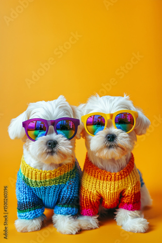 Adorable maltipoo puppies in colorful creative attire for birthday party ad. Creative animal concept