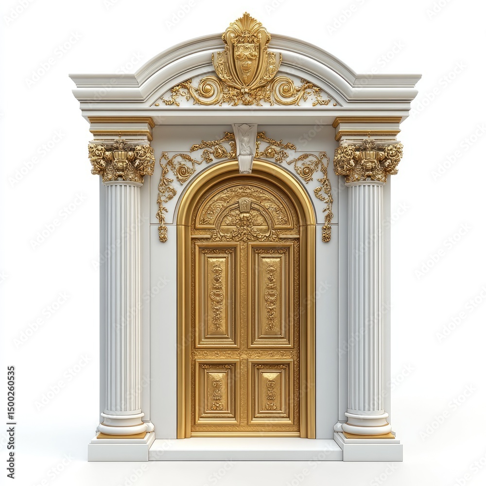 Obraz premium Ornate golden door with white pillars and archway