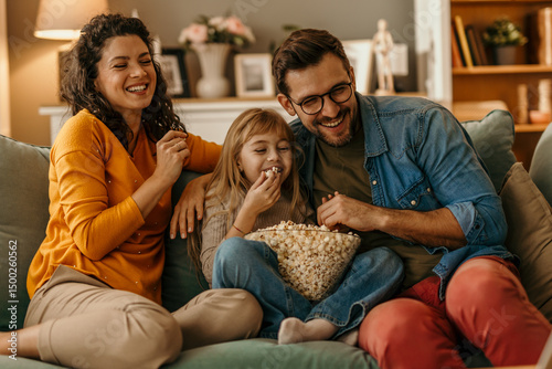Happy family watching tv and eating popcorn on sofa at home