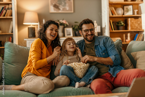 Happy family watching movie and eating popcorn on sofa