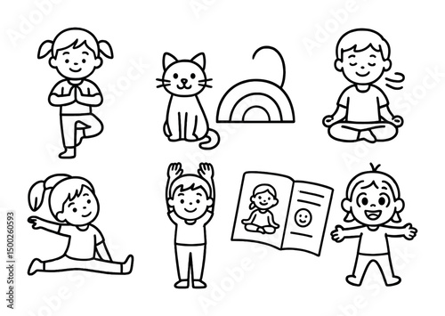 Kids yoga outline icons set – playful, child-friendly mindfulness symbols