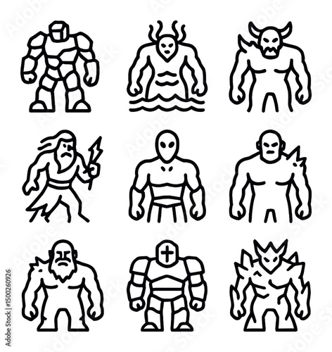 Abyssal Giants Icons. Outline icon set of abyssal giants: Titan of Stone, Oceanic Colossus, Nether Behemoth, Storm Giant, Void