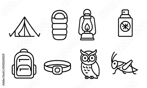 Camping and outdoor line icons set – outline, linear, adventure symbols