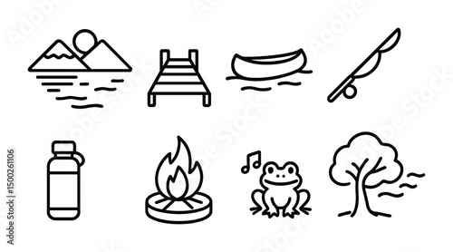 Camping line icons set – outline, minimalist, outdoor adventure and nature symbols