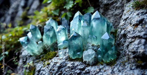 Crystals emerge from weathered cliffside. Ancient mineral deposit reveals geological timeline. Concept: mineral museum, crystal healing, earth sciences