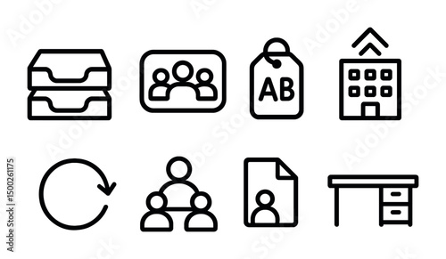 Office and business icons set with outline style – work, corporate, productivity symbols