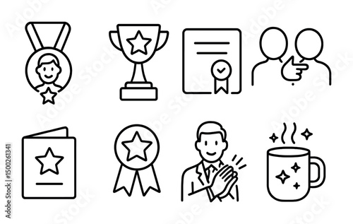 Achievement and recognition outline icons set – awards, certificates, success symbols