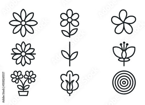 Nature and floral outline icons set – botanical, garden, plant symbols