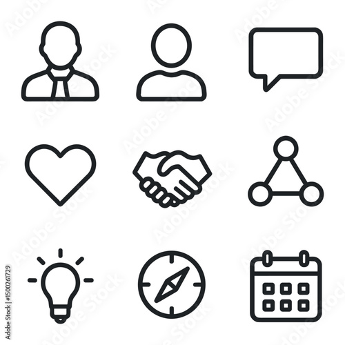 AI Mentorship Icons. Outline icon set of AI mentorship platform: mentor figure, mentee figure, speech bubble, heart, handshake,