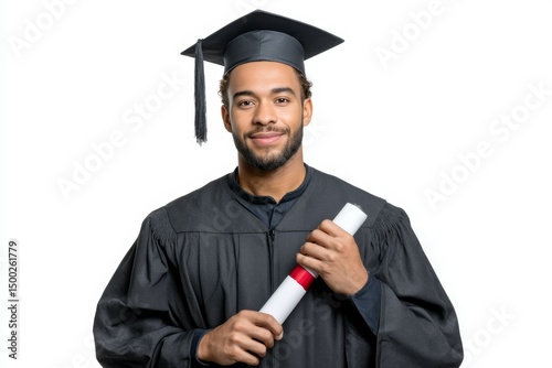 Young african adult male graduate in cap and gown holding diploma