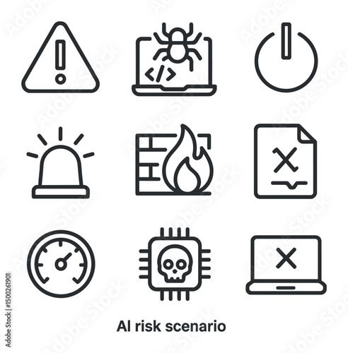 AI Risk Icons. Outline icon set of AI risk scenarios: red alert icon, virus code, system shutdown, warning siren, firewall breach,