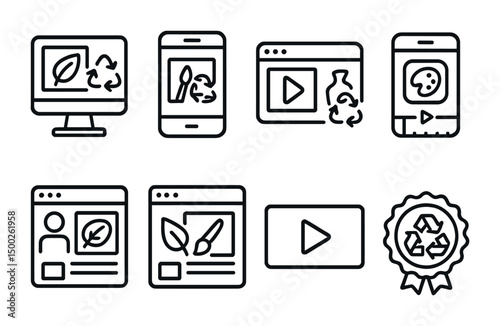 Digital content outline icons set – flat, filled, media and creative symbols